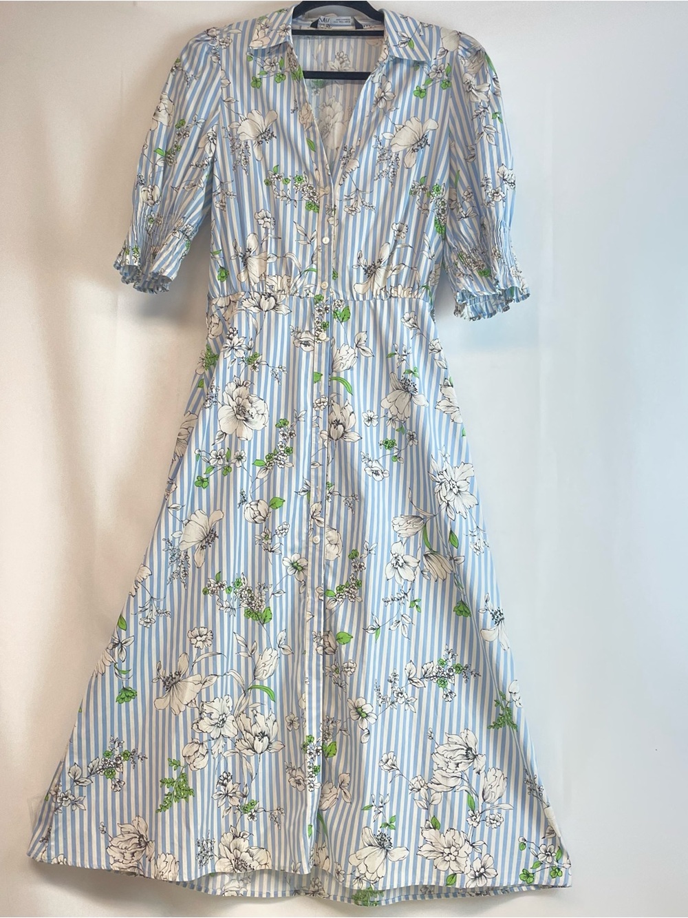 Zara Blue Floral Stripe Button-Front Midi Shirt Dress Size S Women’s